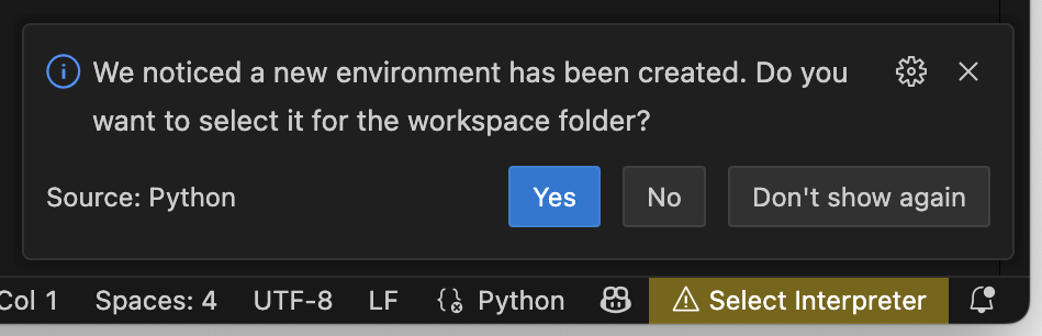 Screenshot van popup om nieuw virtual environment te selecteren
